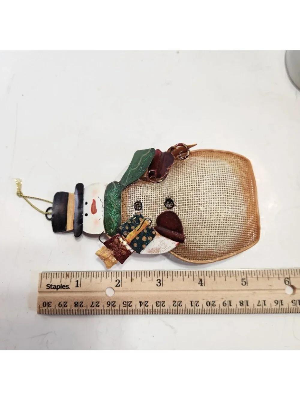 Rustic Mesh Style Snowman Ornament Holding Gifts Top Hat Green Scarf Christmas